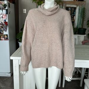 Denver Hayes Sz Lg knit, balloon arms cowl/turtle neck ribbed speckled pink